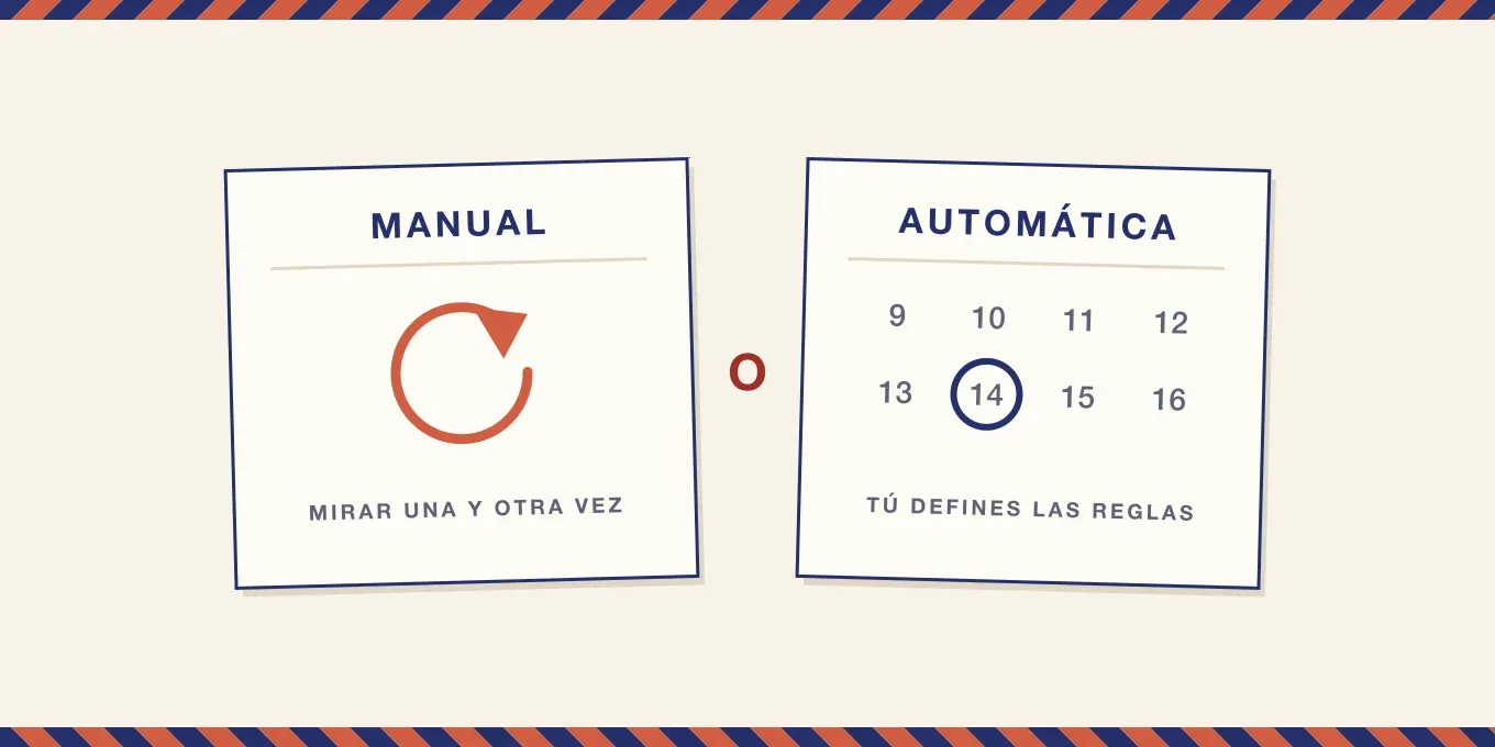 Dos hojas lado a lado: una rotulada MANUAL con una flecha de recargar y otra AUTOMÁTICA con un calendario y una fecha marcada.