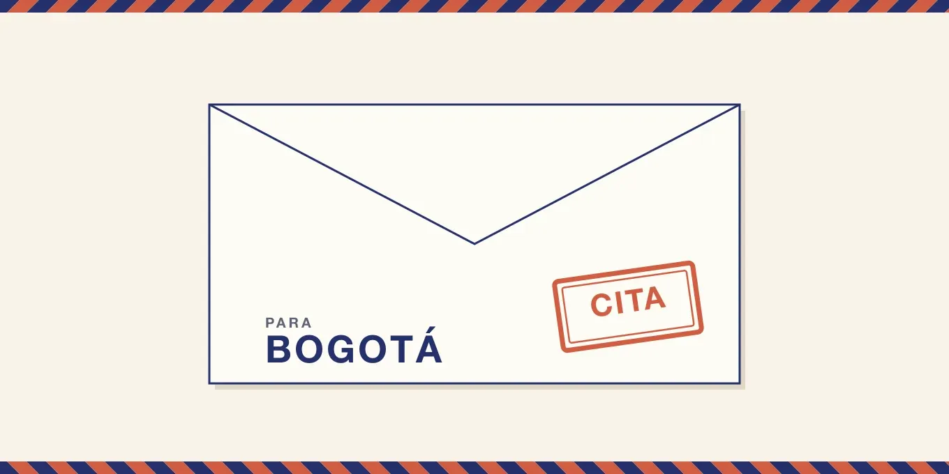 Sobre de correo aéreo dirigido a BOGOTÁ con un sello, la sede donde se atiende la cita de visa desde Colombia.