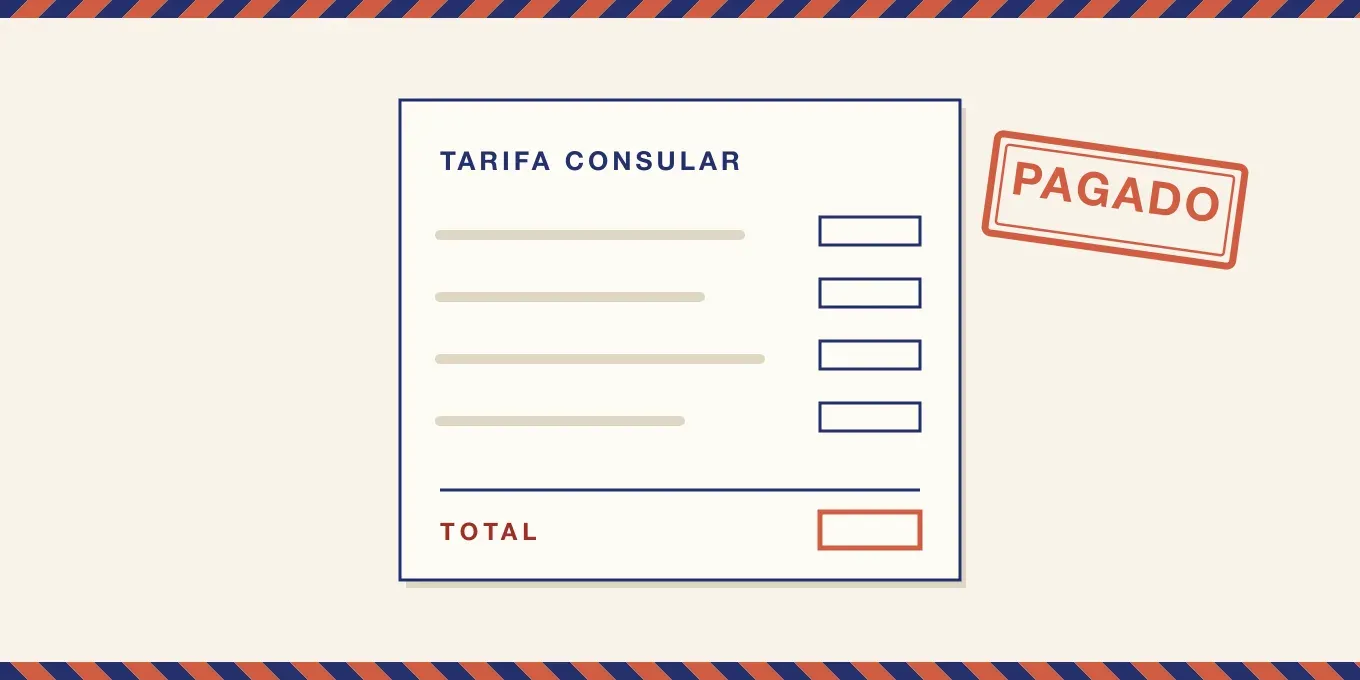 Un recibo de tarifa consular con casillas de monto vacías y un sello de pagado.