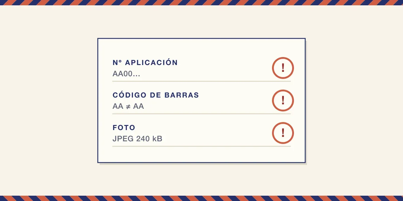 Un formulario con tres líneas marcadas con círculos de coral: un número de aplicación, un código de barras y una foto.