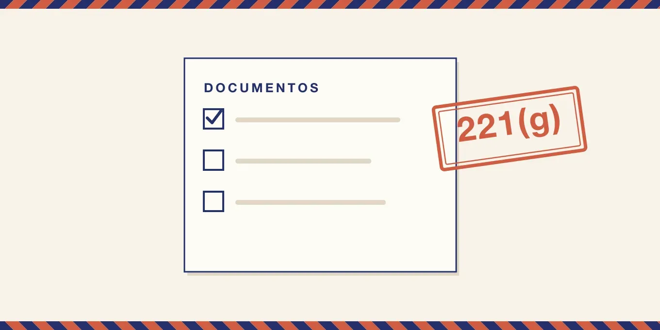 Una lista de documentos con una casilla marcada y dos vacías junto a un sello que dice 221(g).